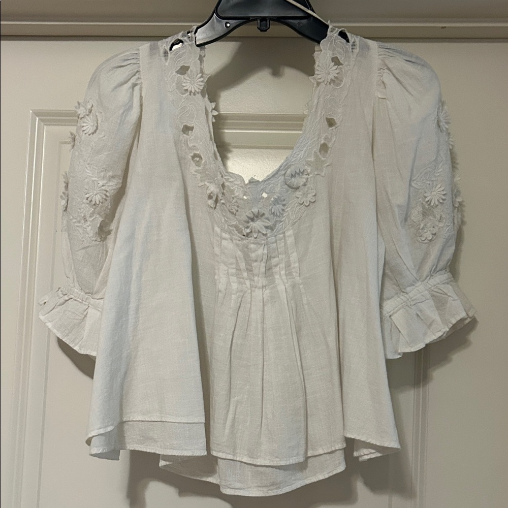 Free People White Embroidered Blouse